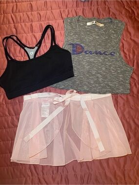 Kids 3 Piece Ballet Dance KAR Bundle Ribbon Tie Tutu, Tank & Sports Bra Size 7-8